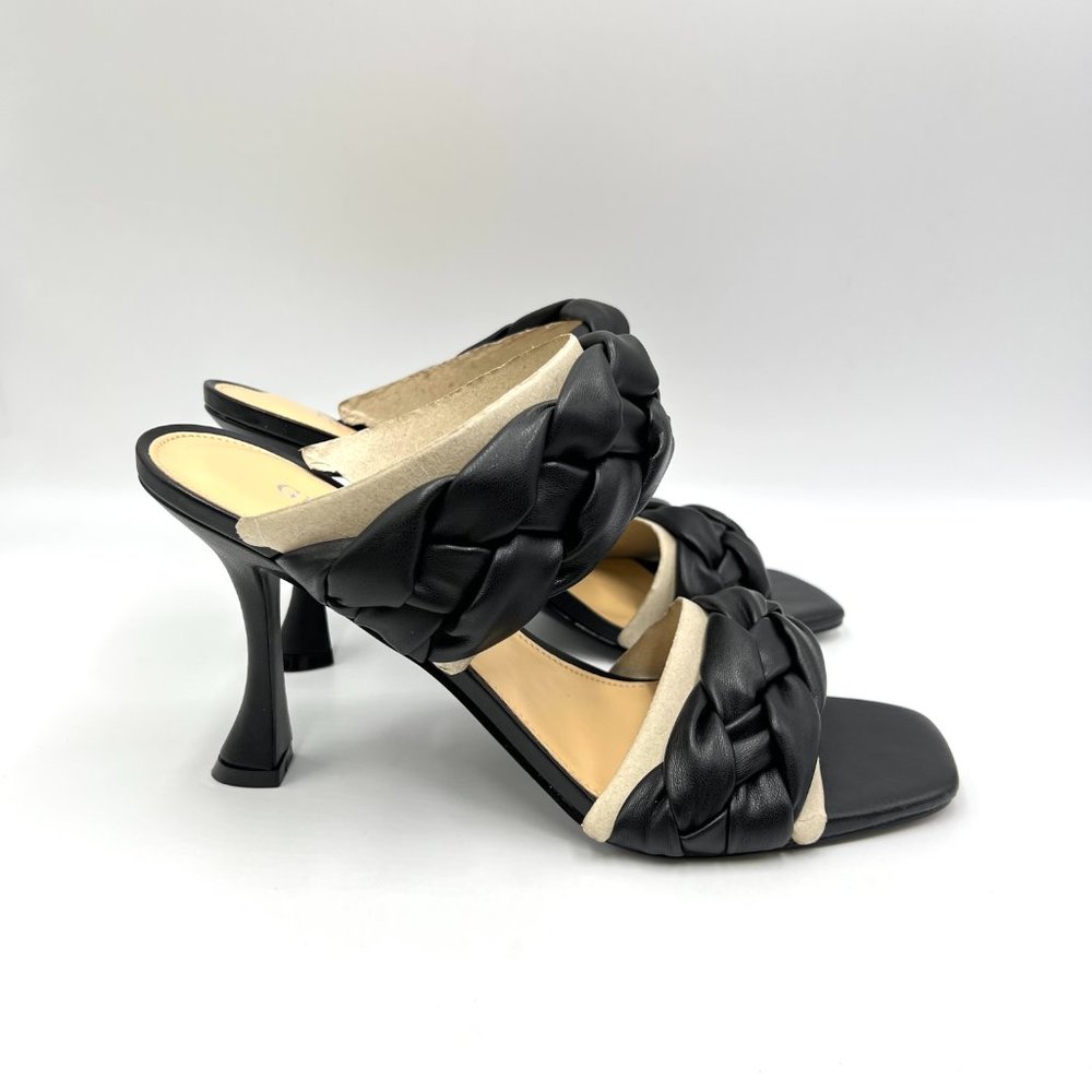 Guess 9.5 Harlie Black Faux Vegan Leather Chunky Braided‎ Sandals Heels Shoes